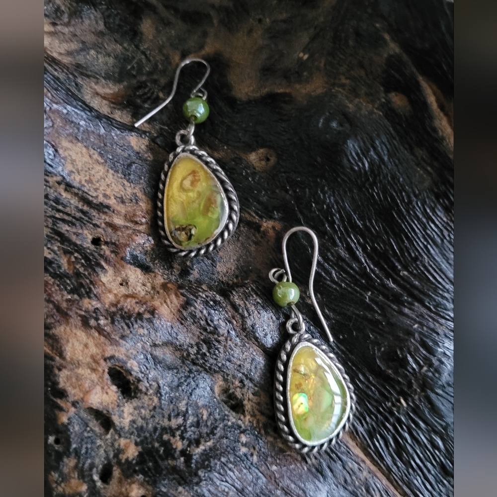 Silver Toned Teardrop Earrings with Peridot and Citrine Colored Swirl